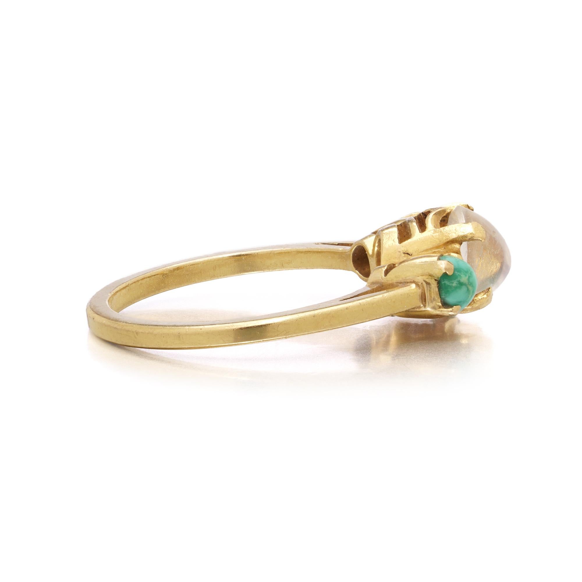 Anillo de tres piedras de oro de 22 quilates con piedra lunar y turquesa en Bueno estado para la venta en Braintree, GB