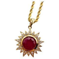 22KT ruby diamond sun necklace 16" chain stunning natural ruby pendant