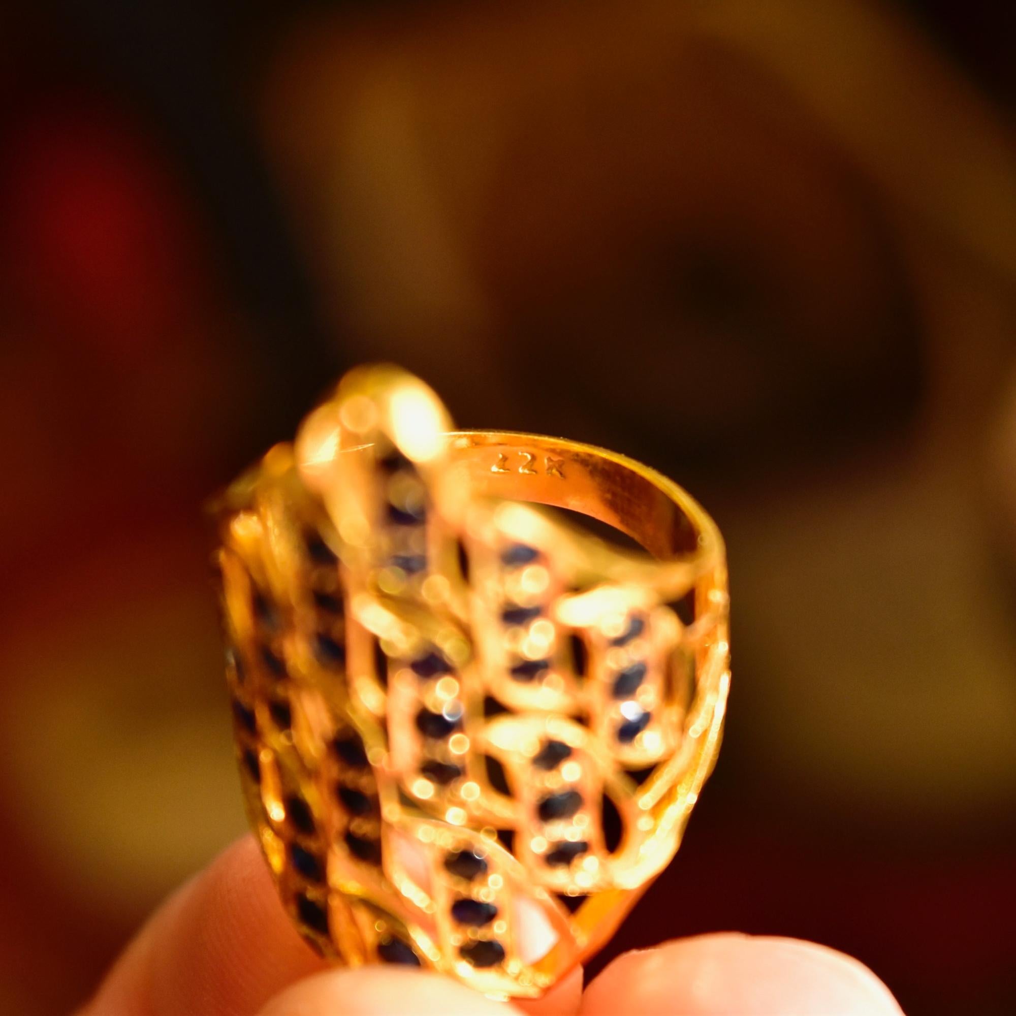Women's or Men's 22 Karat Yellow Gold Black Sapphire Statement Ring For Sale