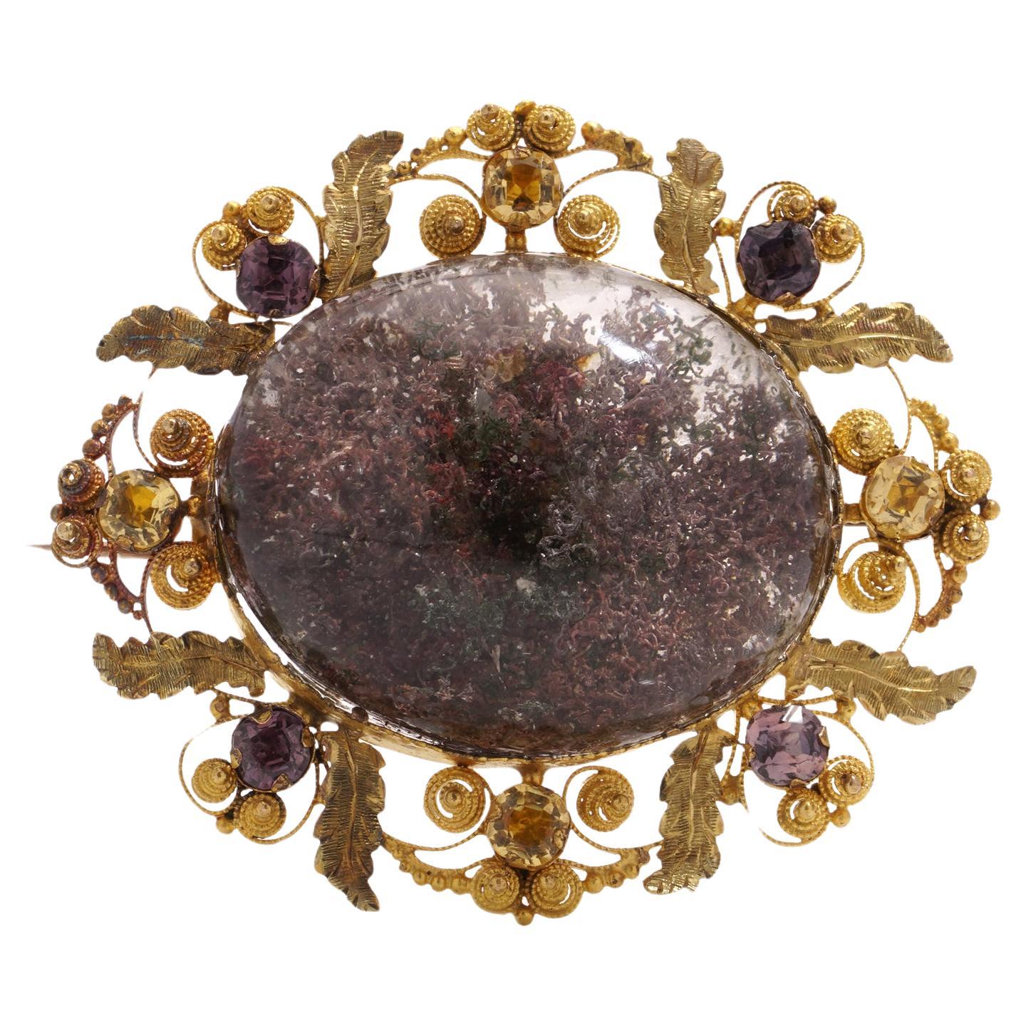 22kt. yellow gold Georgian Purple and pink Lodolite Quartz brooch