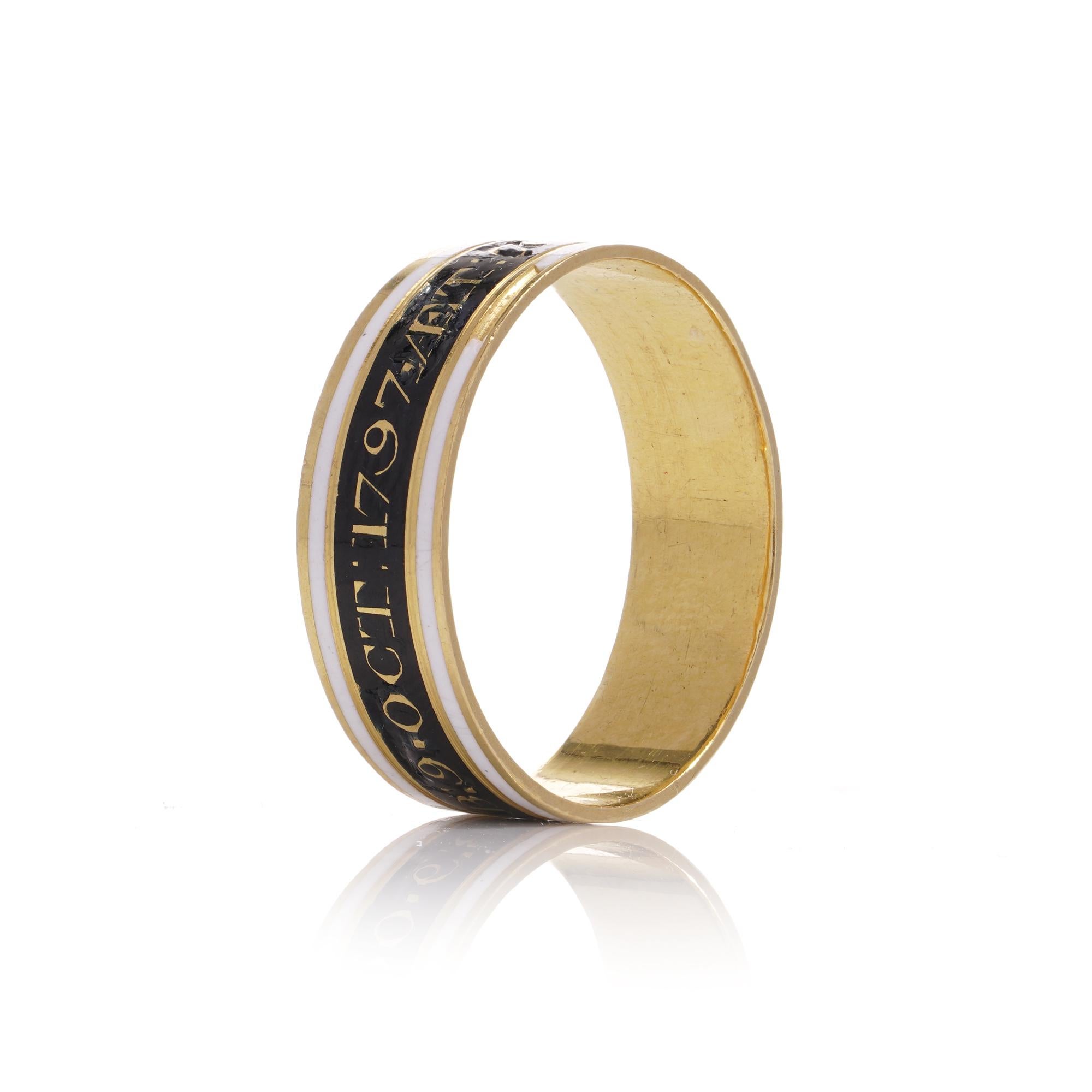 22kt. yellow gold and white and black enamel large size W band mourning ring with the inscription ' John Hall OB 9. October:1797 /ET: 76 
Fully hallmarked. 
Maker: W.H 

Dimensions -
Ring size: diameter x height: 2.3 x 0.6 cm 
Finger Size: (UK) W