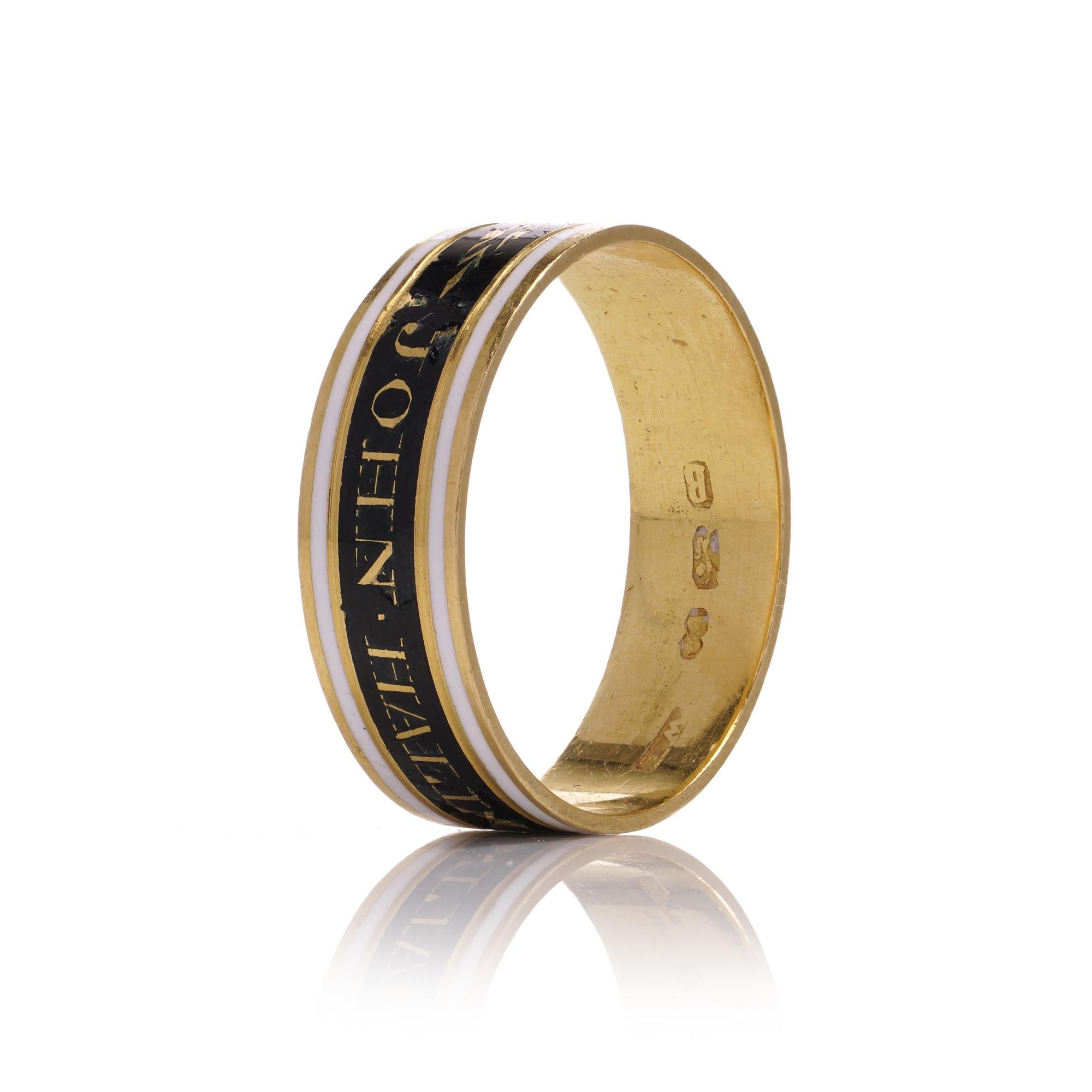 Georgian 22kt Yellow Gold Mourning Ring with Enamel Band  For Sale