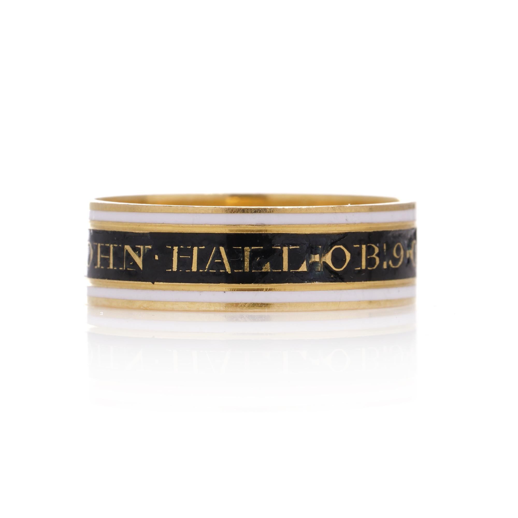 Men's 22kt Yellow Gold Mourning Ring with Enamel Band  For Sale
