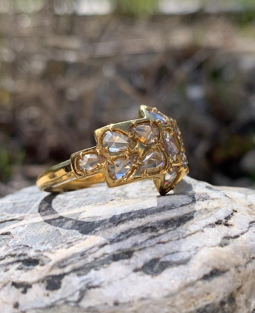 Women's 22 Karat Yellow Gold Ooak Band Ring with Rose Cut Diamonds For Sale