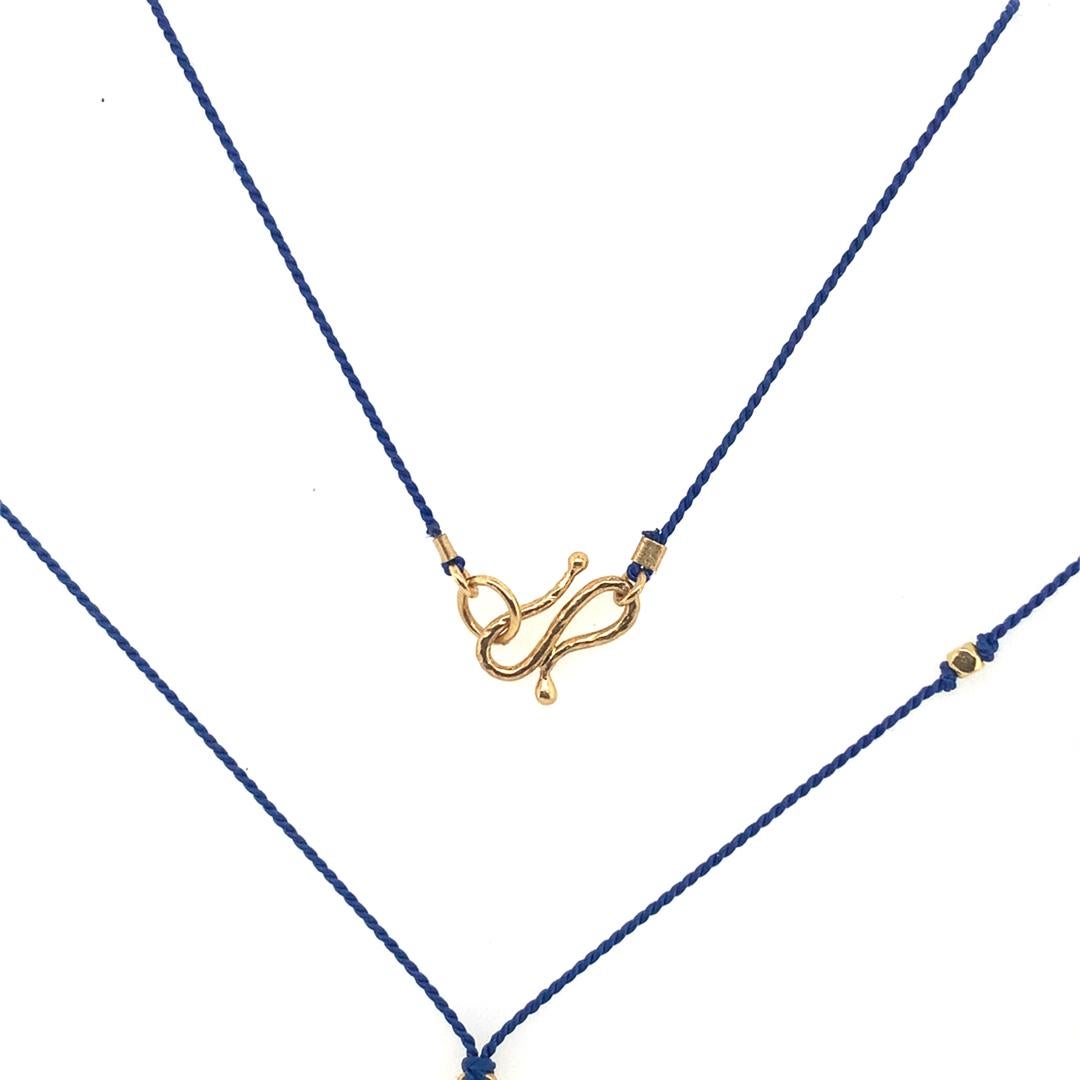 Artisan David Tishbi 22K Gold Buddha Charm On Blue Navy Silk Cord For Sale