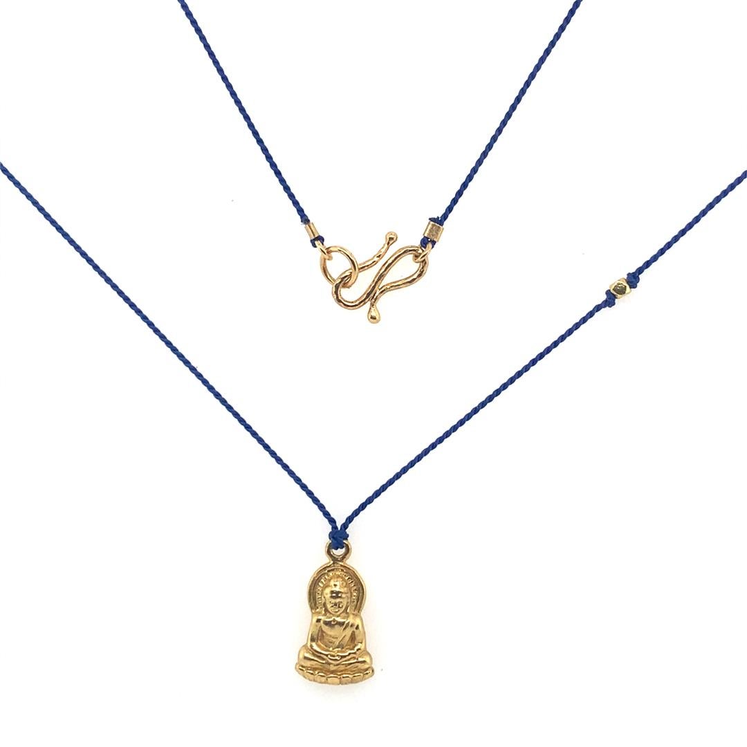 David Tishbi 22K Gold Buddha Charm On Blue Navy Silk Cord In New Condition For Sale In Pacific Palisades, CA