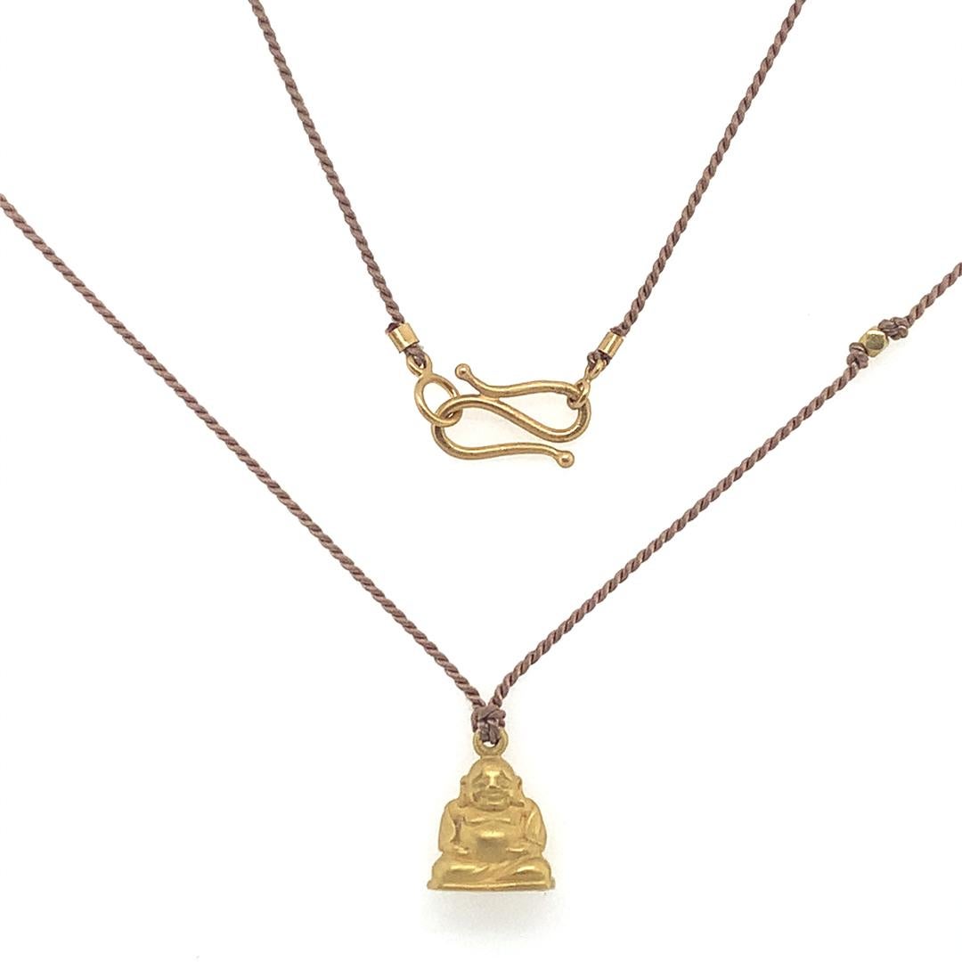Artisan David Tishbi 22K Gold Buddha Charm On Brown Silk Cord For Sale