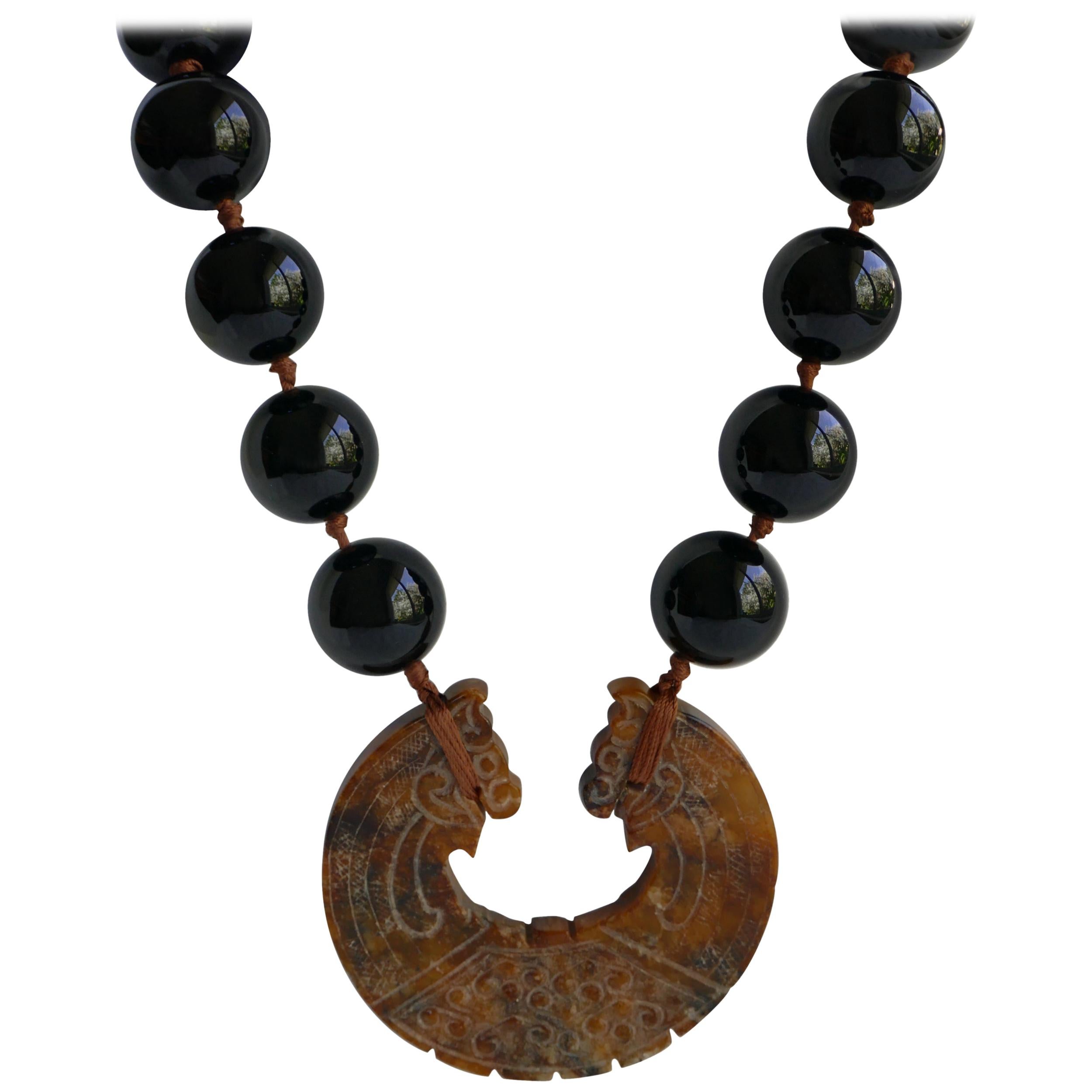 22mm Black Onyx Carved Jasper Pendant 925 Sterling Silver Gemstone Necklace For Sale