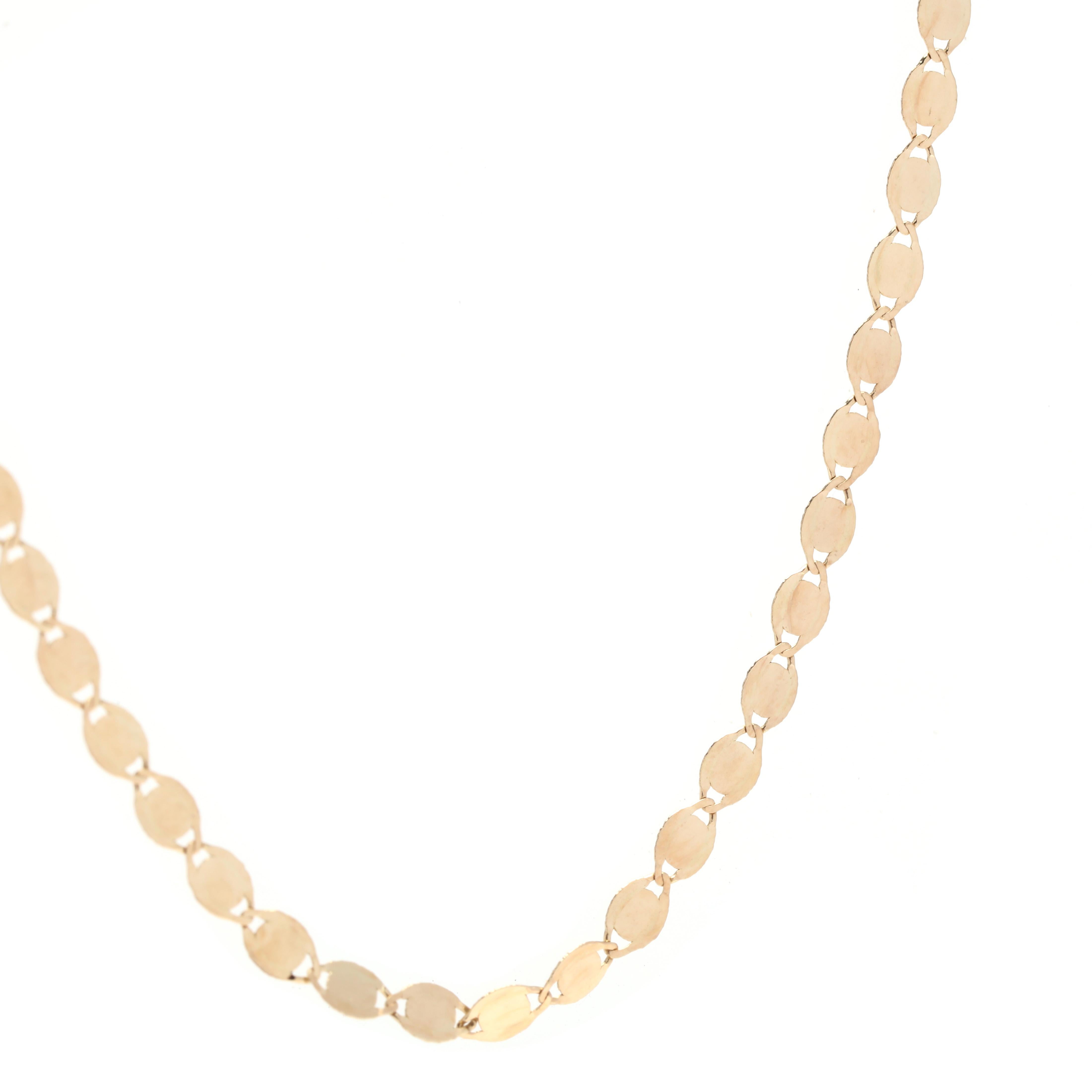 A new 14 karat yellow gold 2.2 mm oval mirror chain necklace. This simple chain features flat oval links to give a mirror effect and with a lobster clasp.

Length: 24 in.

Width: 2.2 mm

Weight: 1.2 dwts. / 1.87 grams

Stamps: 14K RCI


Ring Sizings