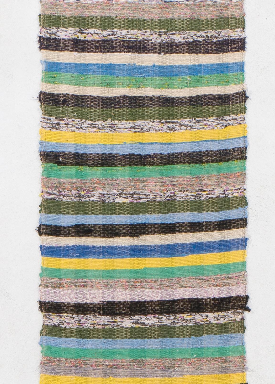 Turkish 2.2x16 ft Long Narrow Runner Kilim, Handmade Rag Rug in Colorful Stripe Pattern For Sale