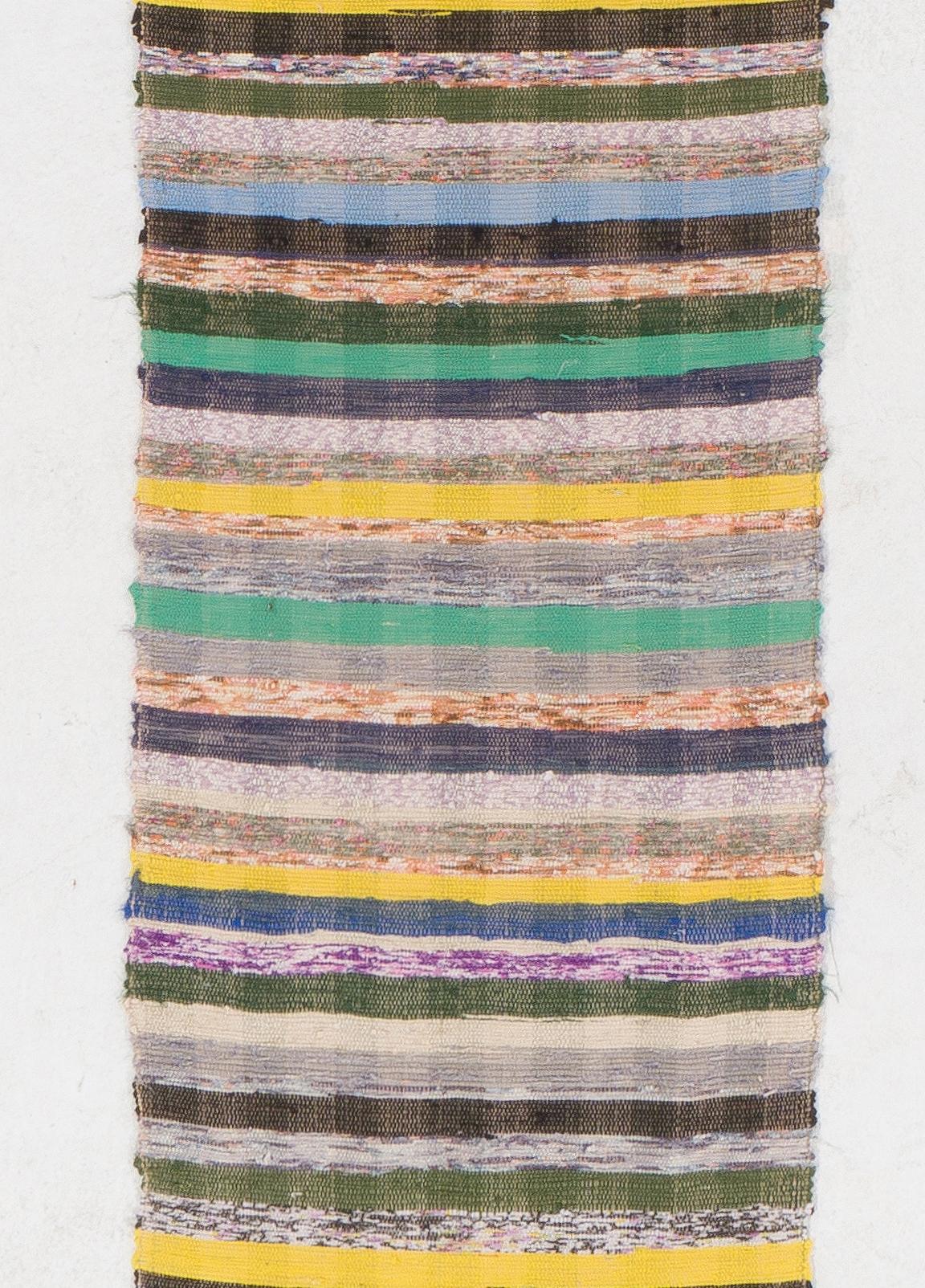 Hand-Woven 2.2x16 ft Long Narrow Runner Kilim, Handmade Rag Rug in Colorful Stripe Pattern For Sale
