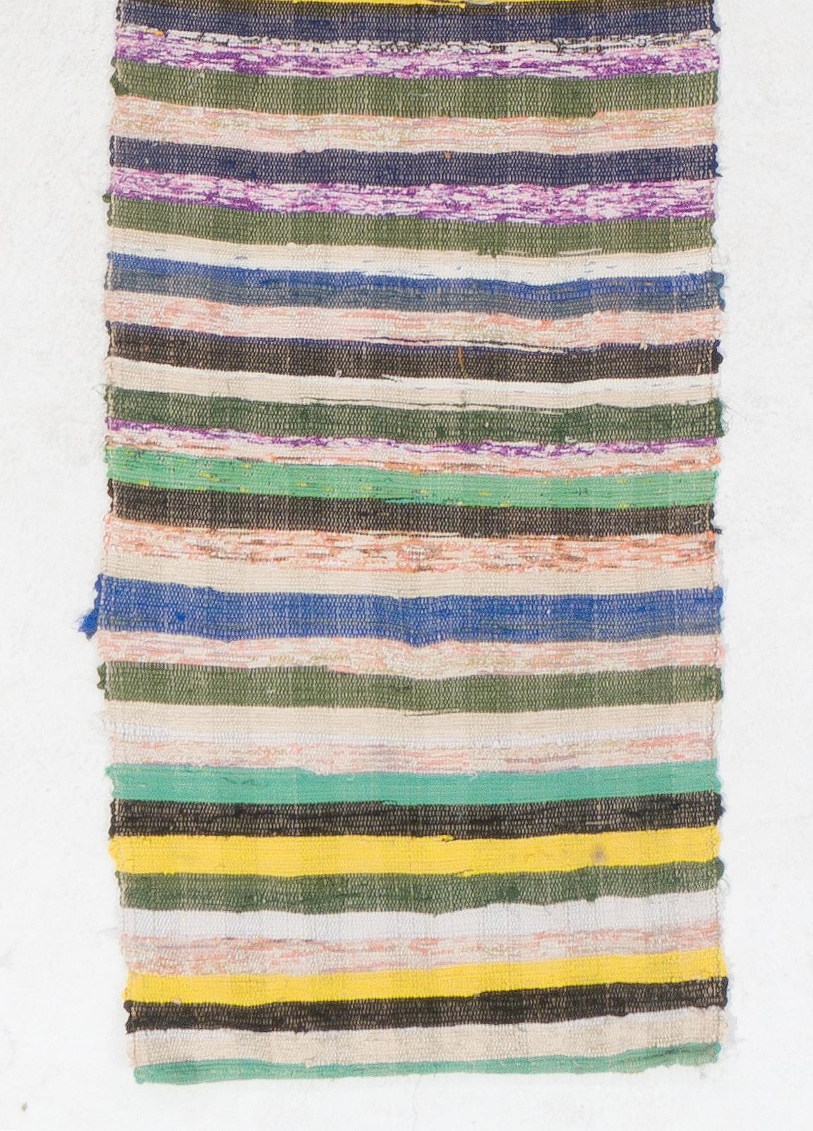 2.2x16 ft Long Narrow Runner Kilim, Handmade Rag Rug in Colorful Stripe Pattern In Good Condition For Sale In Philadelphia, PA