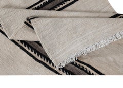2.2x17.6 Ft Handmade Cream Narrow & Long Runner Kilim with Black & Gray Stripes