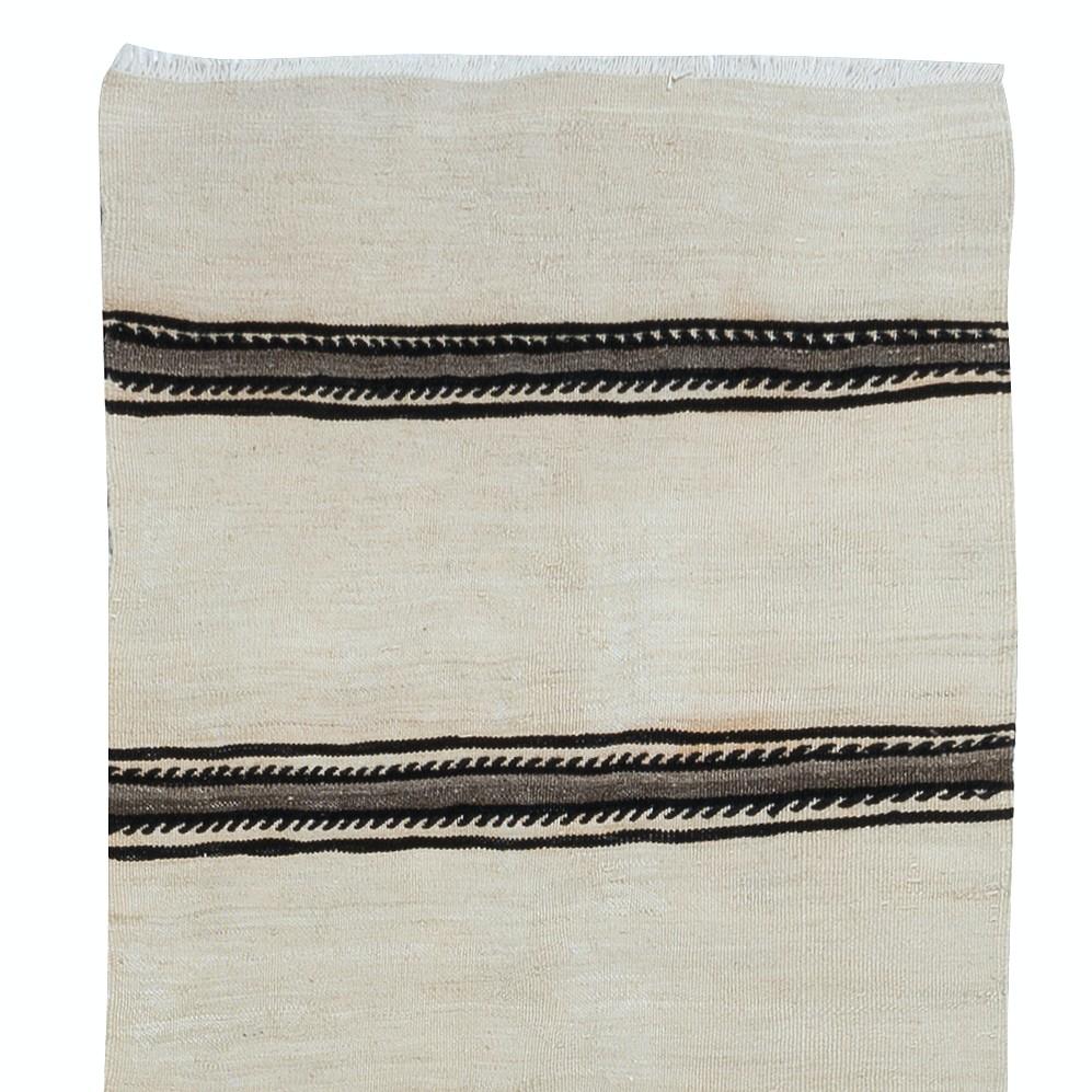 Turkish 2.2x17.6 Ft Handmade Cream Narrow & Long Runner Kilim with Black & Gray Stripes For Sale