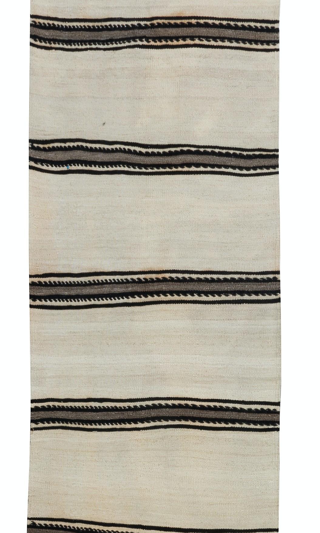 Hand-Woven 2.2x17.6 Ft Handmade Cream Narrow & Long Runner Kilim with Black & Gray Stripes For Sale