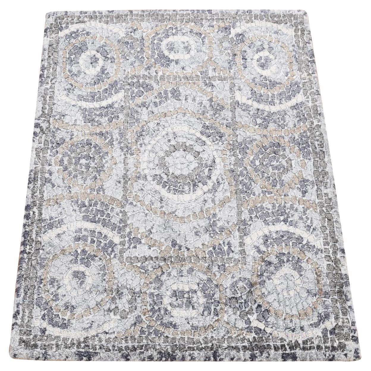 2'2 "x2'10" Ash Gray, Silken, Roman Mosaic Design, Hand Knotsted, Sample Mat Rug