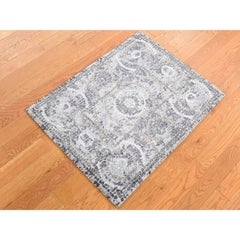 2'2"x3' Ash Gray, Silken, Roman Mosaic Design, Hand Knotted, Sample Mat Rug