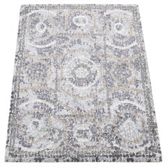 2'2"x3' Ash Gray, Silken, Roman Mosaic Design, Hand Knotted, Sample Mat Rug