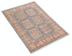 2.2x3 ft Hand Knotted Coral, Gray, Ivory Wool Accent Rug with Geometric Design