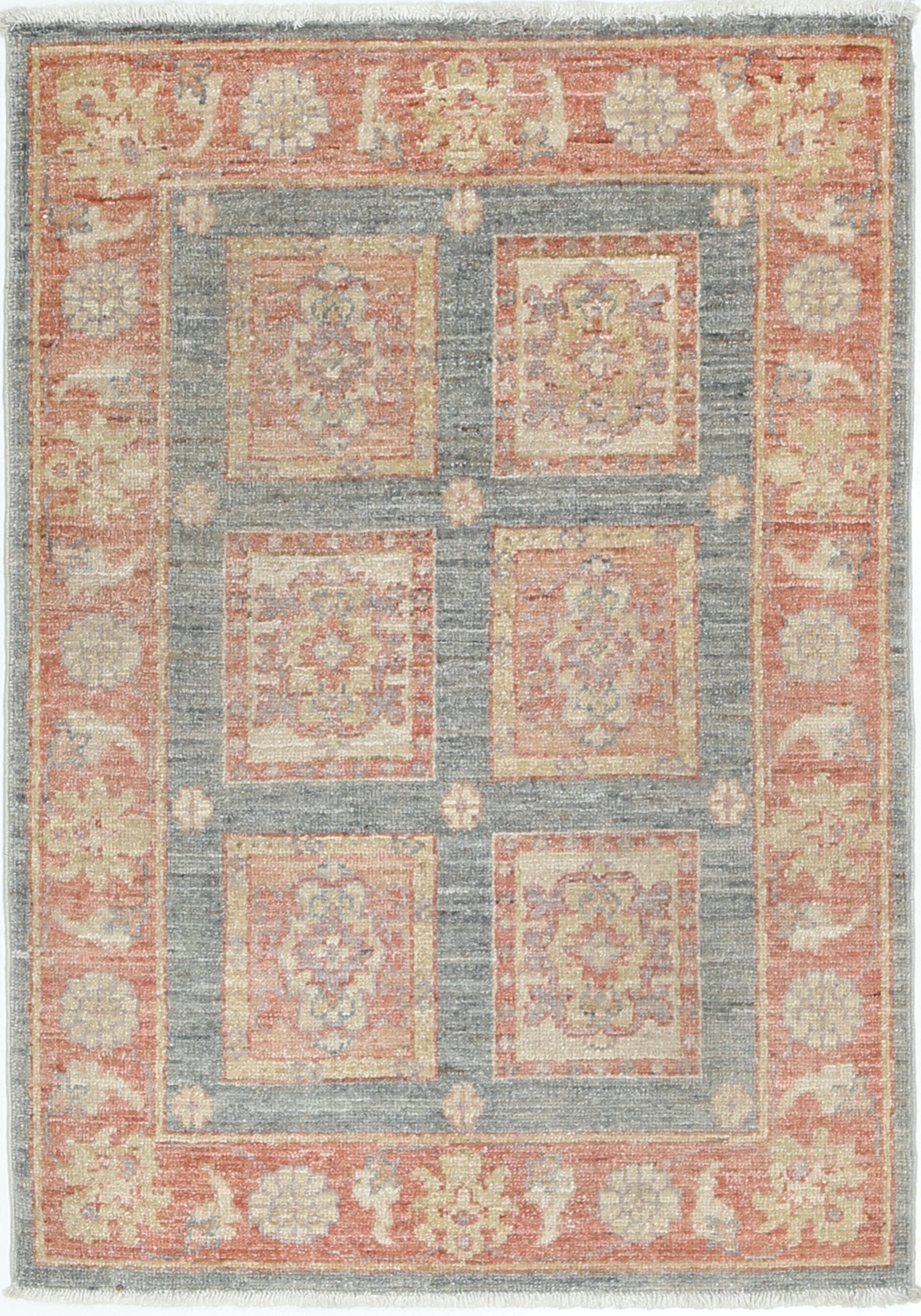 2.2x3 ft Hand Knotted Coral, Gray, Ivory Wool Accent Rug with Geometric Design For Sale