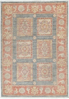 2.2x3 ft Hand Knotted Coral, Gray, Ivory Wool Accent Rug with Geometric Design