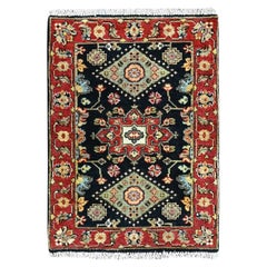2'2"x3' Midnight Black Karajeh Design Pure Wool Hand Knotted Mat Oriental Rug