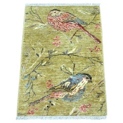 2'2"x3' Olive Green Sparrows on the Tree Peshawar Wool Hand Knotted Mat Rug