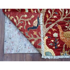 2'2"x3' Red Peshawar Birds of Paradise Design Hand Knotted Soft Wool Mat Rug
