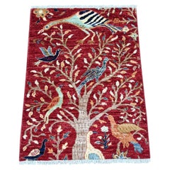 2'2"x3' Red Peshawar Birds of Paradise Design Hand Knotted Soft Wool Mat Rug