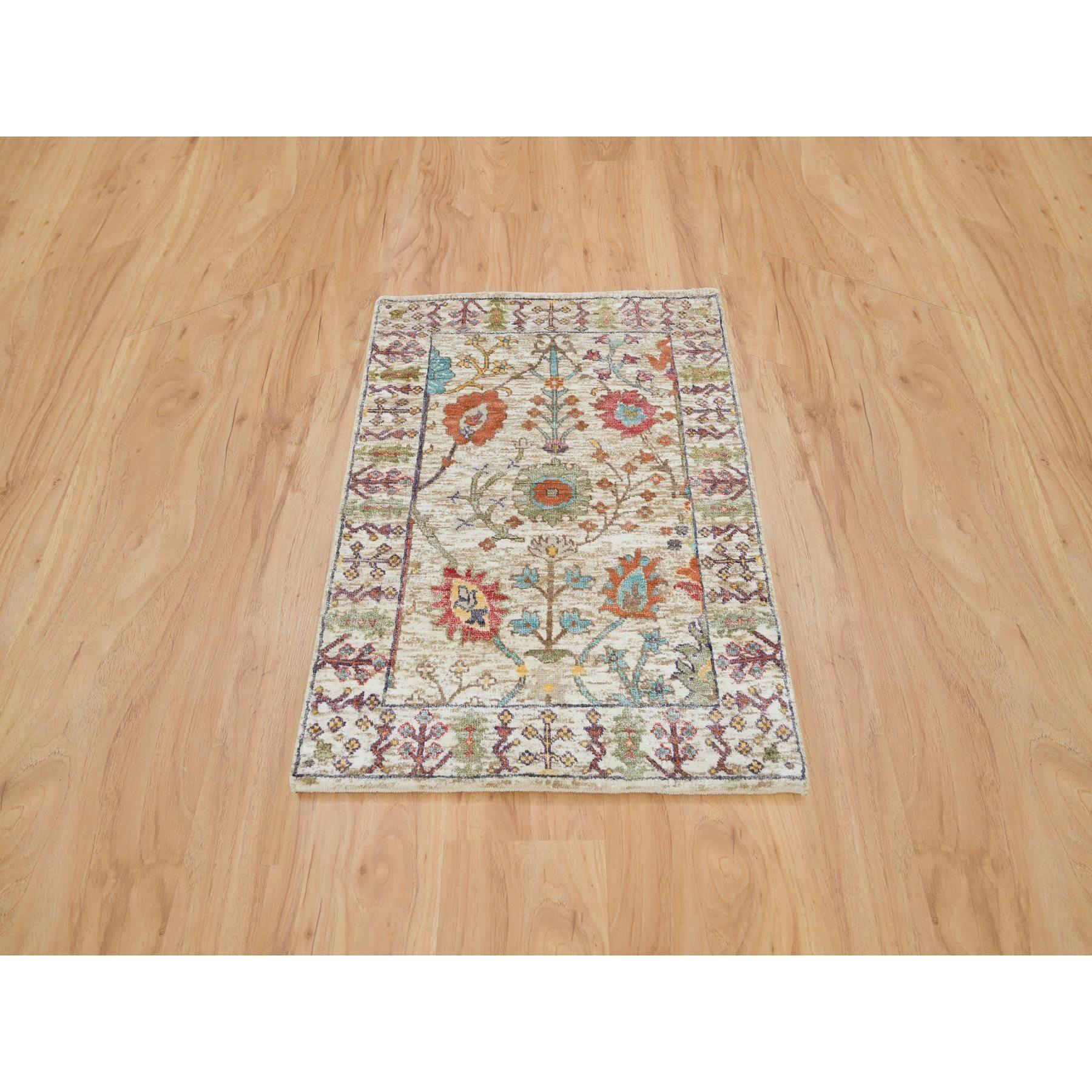 Taupe, Directional Vase All Over Design, Silk with Textured Wool, Hand Knotted, Mat Oriental Rug
Primary materials: Wool & Silk
Latex: No Pile 
height: 0.25 Inches
Style: Transitional
Primary color: Brown
Secondary colors: Orange, Red, Blue, Yellow,