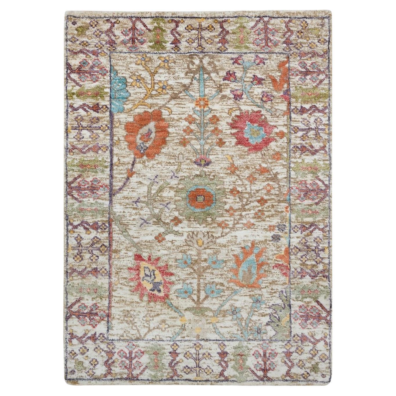 2'2"x3'1" Taupe Directional Vase Design Silk/Wool Hand Knotted Mat Rug