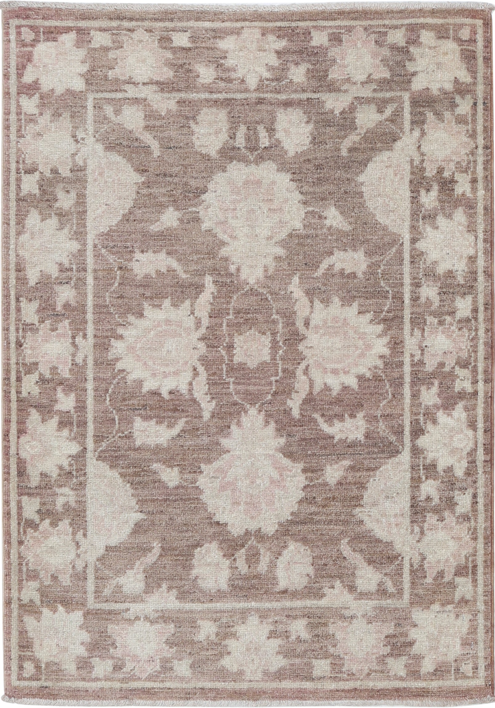 2.2x3.2 ft Handknotted Brown and Ivory Wool Area Rug. Floral Patterned Small Rug For Sale