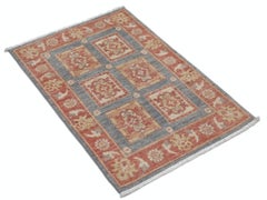 2.2x3.2 ft Handknotted Gray, Coral and Gold Area Rug. Geometric Design Small Rug