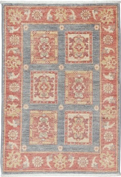 2.2x3.2 ft Handknotted Gray, Coral and Gold Area Rug. Geometric Design Small Rug