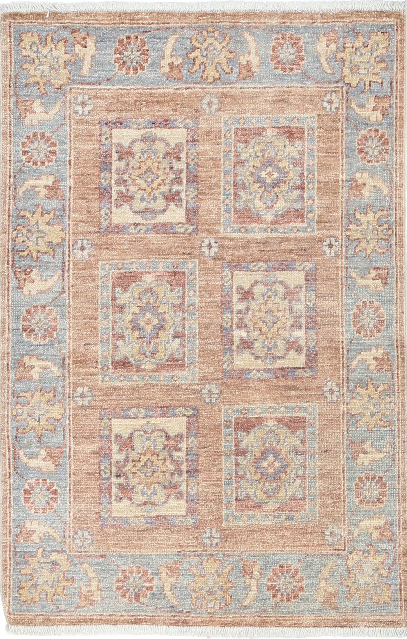 2.2x3.3 ft Hand Knotted Red, Tan, Light Blue and Ivory Turkish Wool Area Rug
