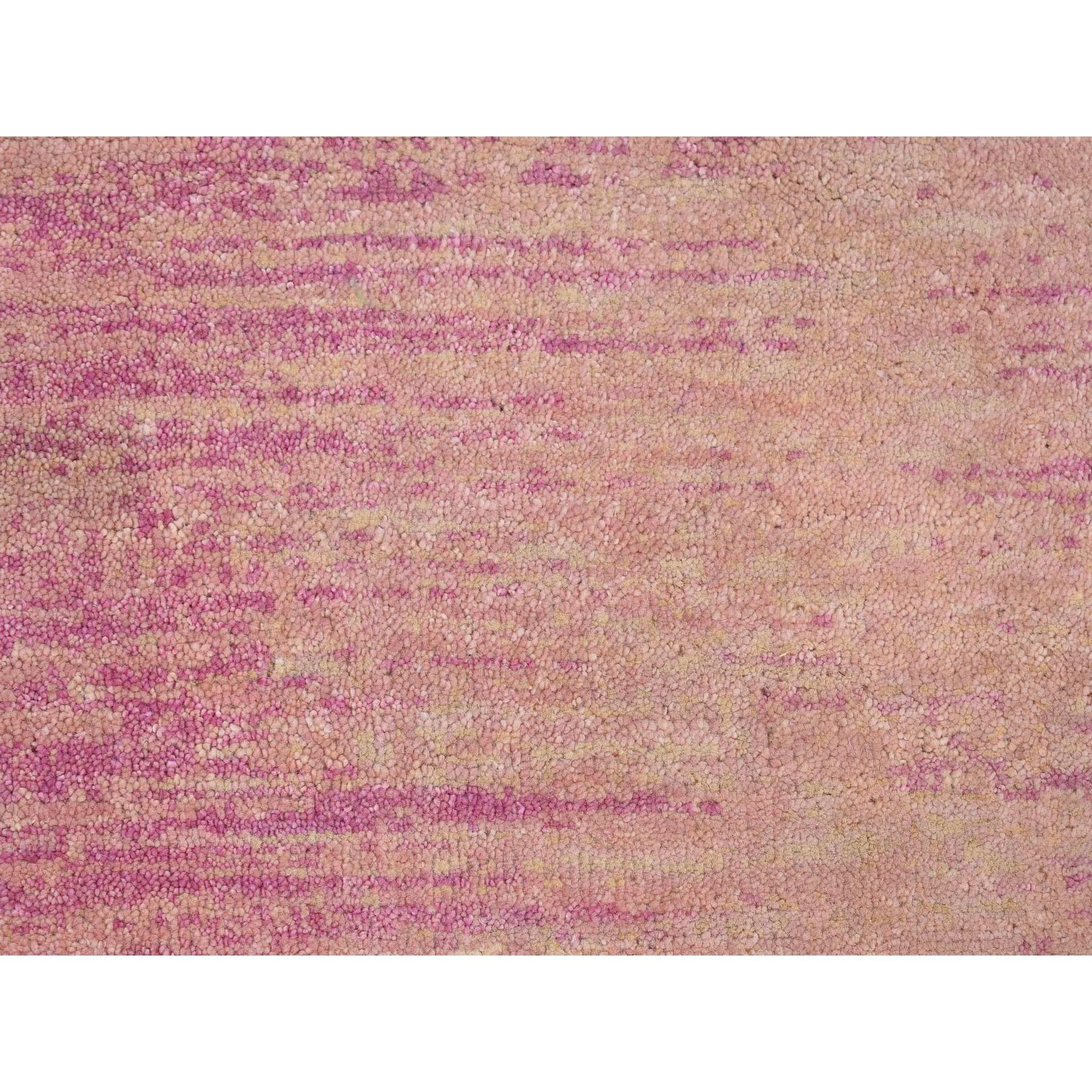 This is a truly genuine one-of-a-kind Thick and Plush Pure Wool Only Horizontal Ombre Design Pink with Touches of Ivory Hand Knotted Mat Oriental Rug. It has been woven for months and months in the centuries-old Persian weaving craftsmanship