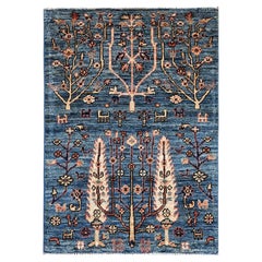 2'2"x3'4" Blue Tree Design with Animal Figurines Hand Knotted Soft Wool Mat Rug
