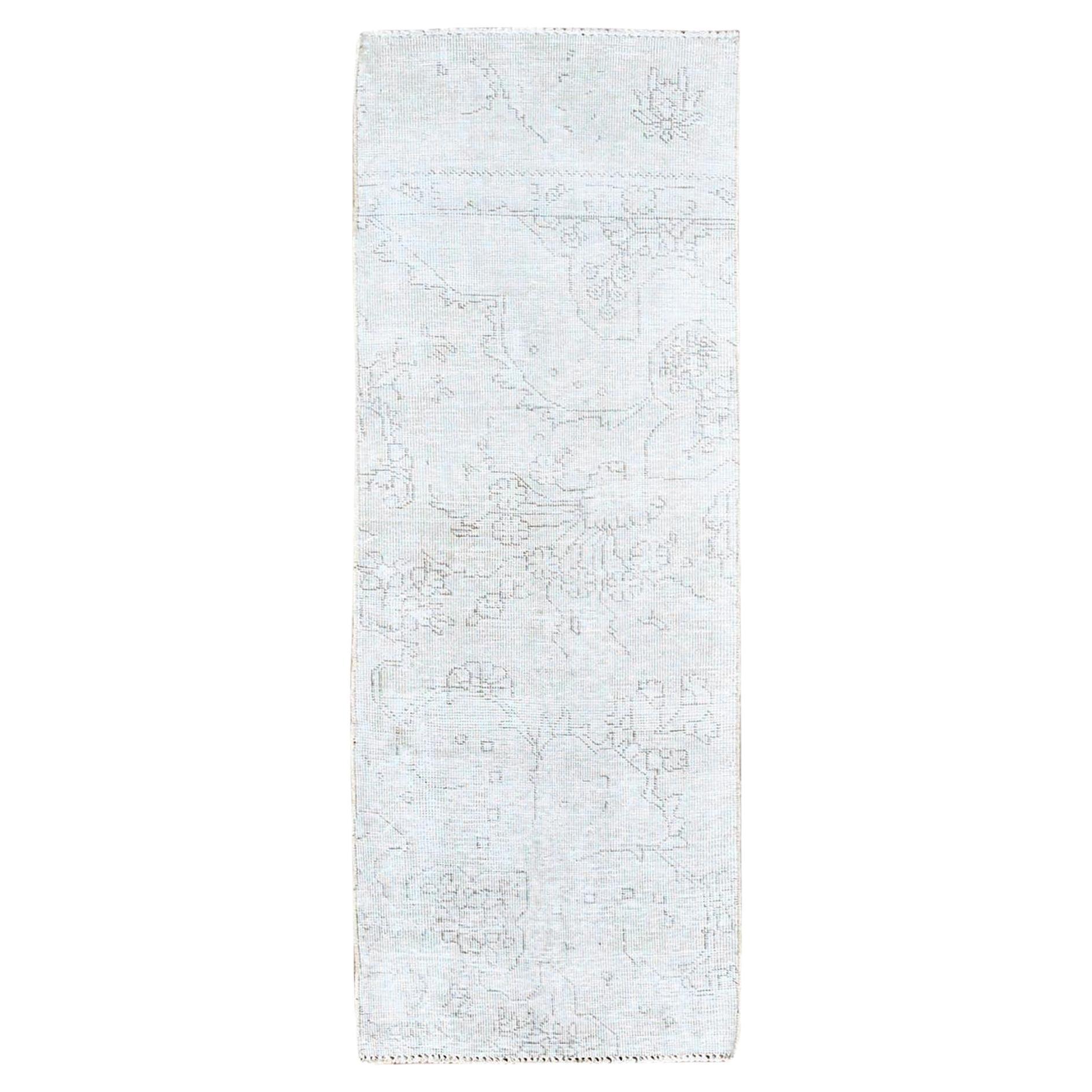 2'2"x5'10" Old Wood White Hand Knotted Wool Vintage Persian Tabriz Oriental Rug