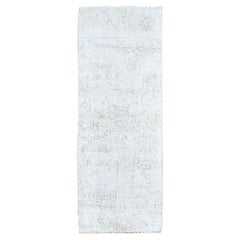 2'2"x5'10" Old Wood White Hand Knotted Wool Vintage Persian Tabriz Oriental Rug
