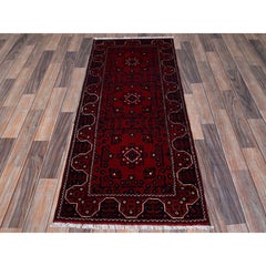 2'2"x5'4" Ruby Red Afghan Khamyab Tribal Design All Wool Hand Knotted Runner Rug