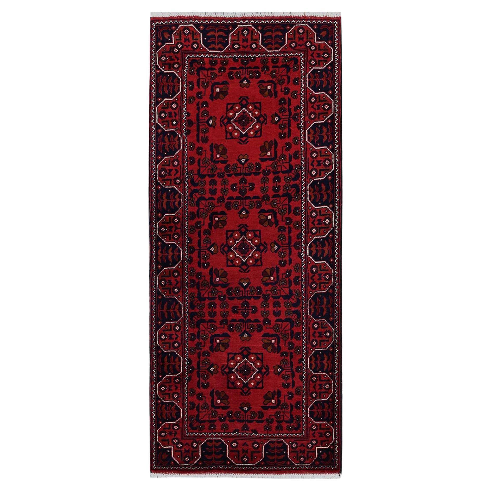 2
2"x5
4" Ruby Red Afghan Khamyab Tribal Design All Wool Hand Knotted Runner Rug