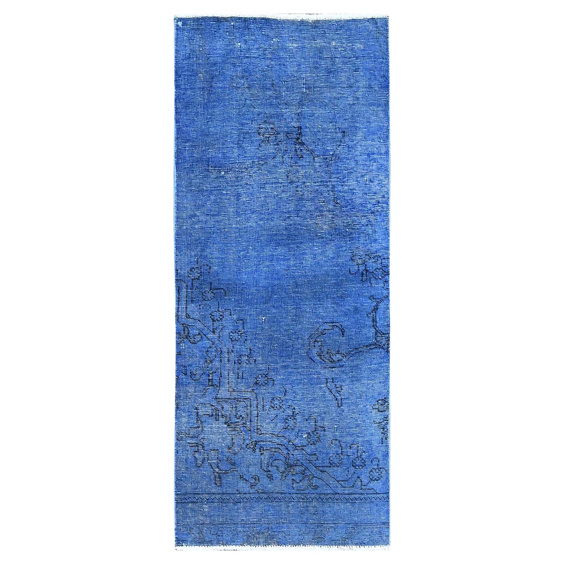 2'2"x5'6" Blue Overdyed Vintage Persian Tabriz Hand Knotted Pure Wool Runner Rug