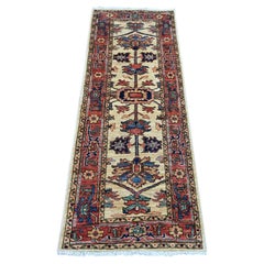 Tappeto orientale da corridoio in lana High Mountain, annodato a mano, con motivo Heriz, color avorio, 2'2" x 6'