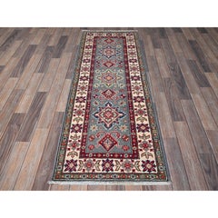 2'2"x6' Misty Gray Kazak with Medallions Design Wool Hand Knotted Runner Rug