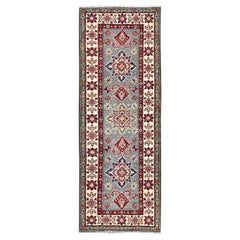 2'2"x6' Misty Gray Kazak with Medallions Design Wool Hand Knotted Runner Rug
