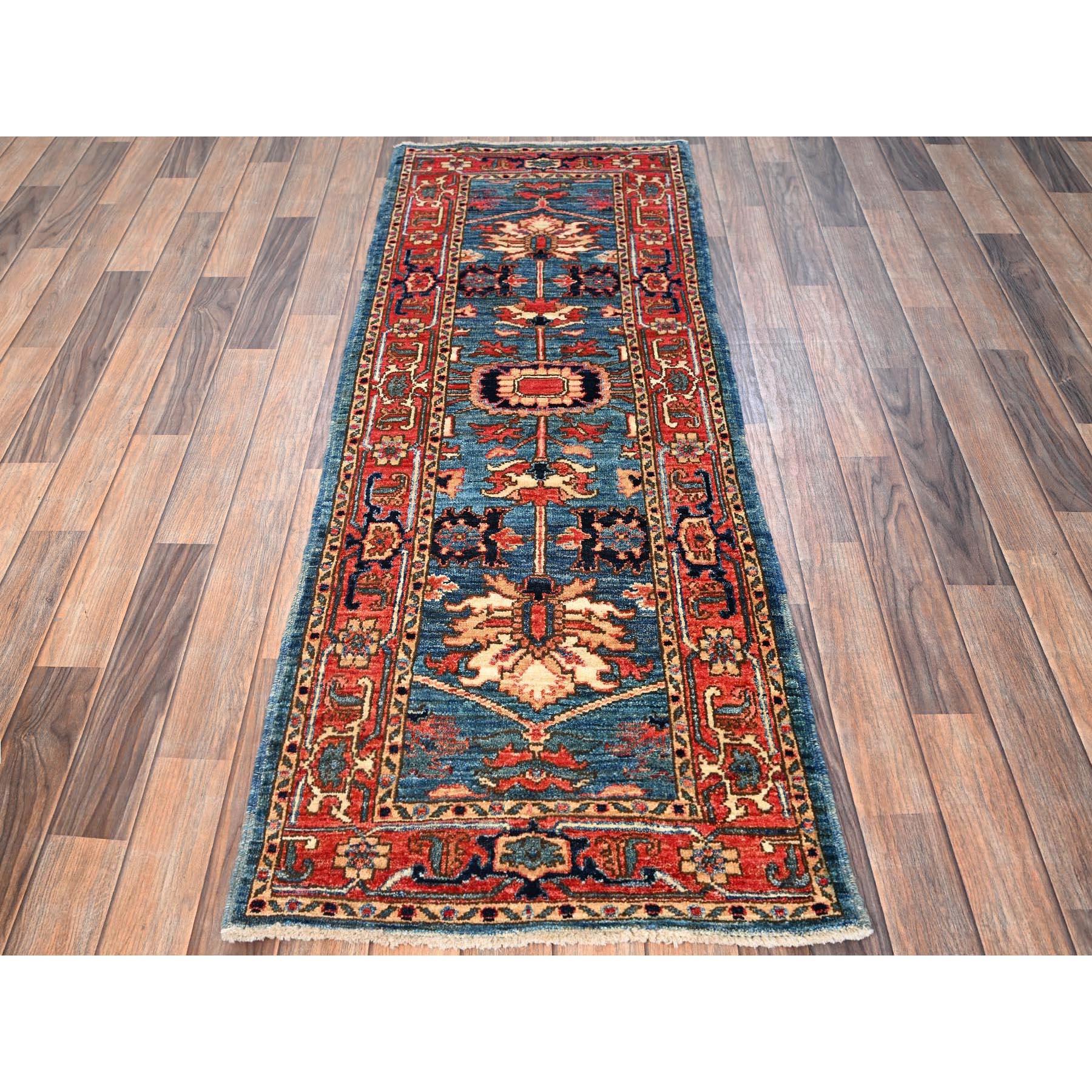 Horizon Blue, Antique Heriz Design, Aryana Collection, Vegetable Dyes, Soft Pile, High Mountain Wool, Hand Knotted, Densely Woven, Runner, Oriental Rug
Primary materials: Wool
Latex: No Pile 
height: 0.25 Inches
Style: Traditional
Primary color: