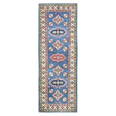 2'2 "x6'1" Azul Kazak con Diseño Geométrico Alfombra de Lana Suave Anudada a Mano para Correr
