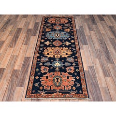 2'2"x6'1" Midnight Blue Heriz All Over Design Hand Knotted Soft Wool Runner Rug