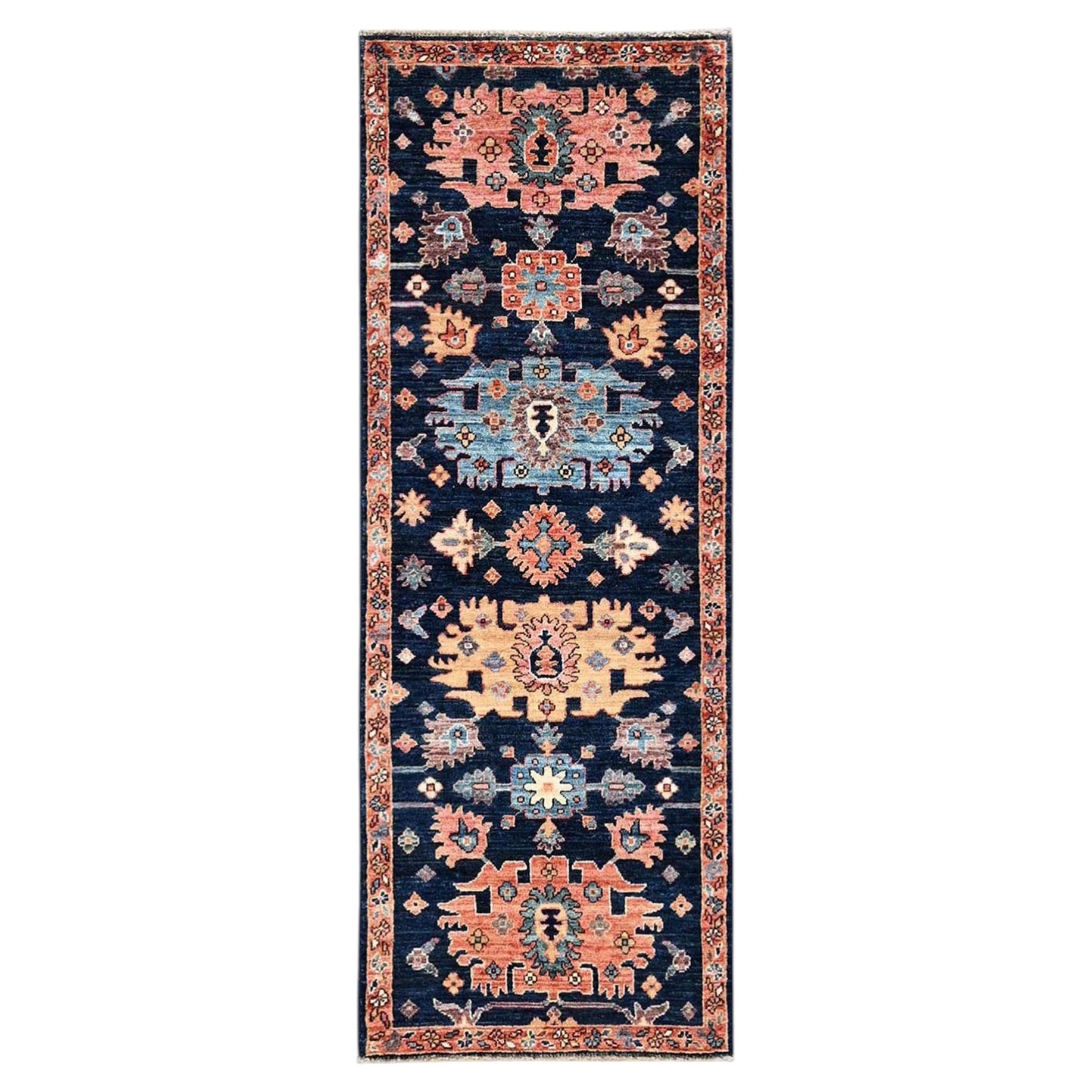 2'2"x6'1" Midnight Blue Heriz All Over Design Hand Knotted Soft Wool Runner Rug For Sale