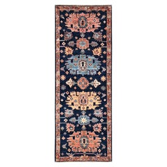 2'2"x6'1" Midnight Blue Heriz All Over Design Hand Knotted Soft Wool Runner Rug